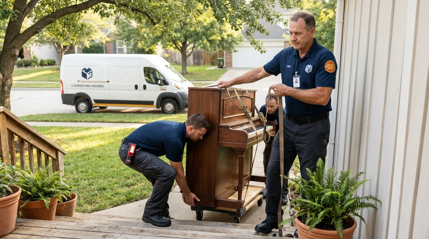 Licensed piano movers securing grand piano in Richmond Hill, NY