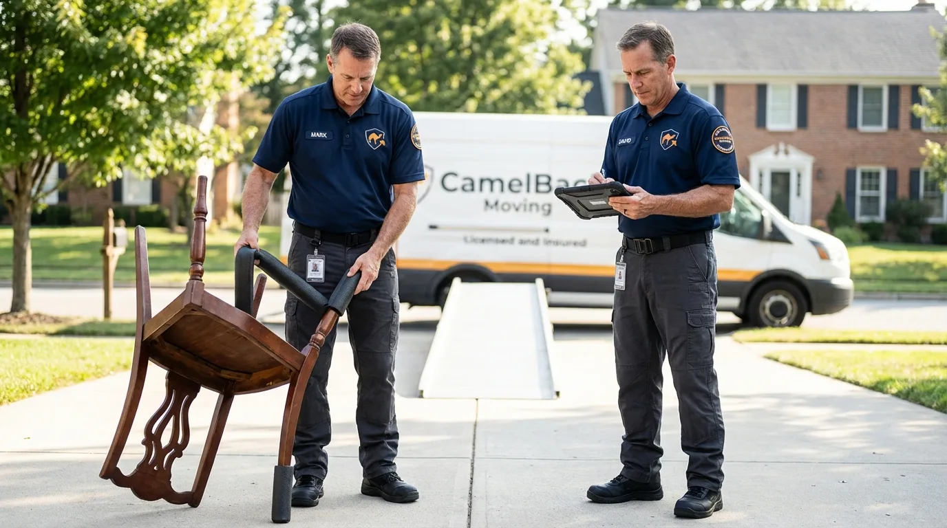 Movers inspecting furniture for damage prevention before loading in Richmond Hill, NY