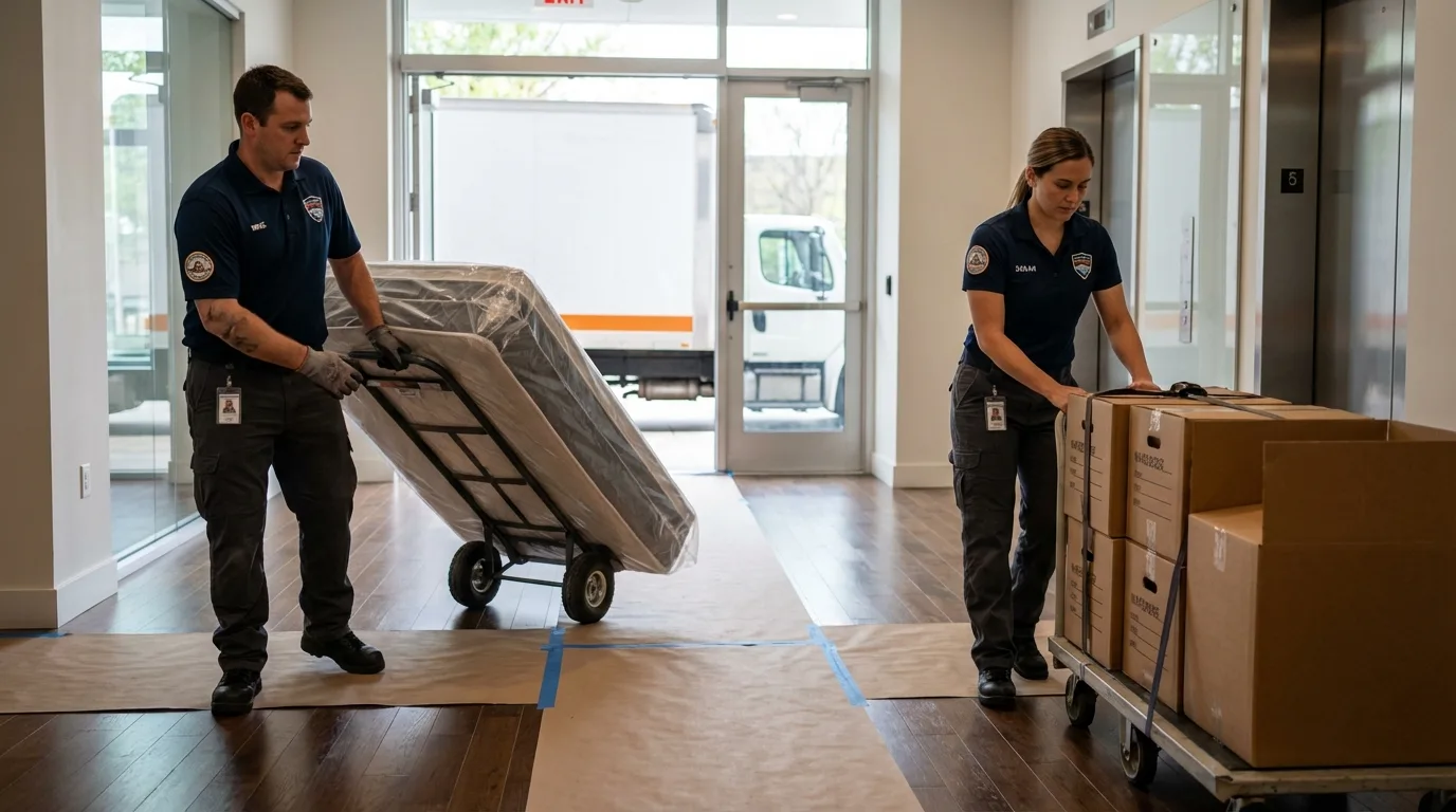 Professional apartment movers loading elevator in Richmond Hill, NY