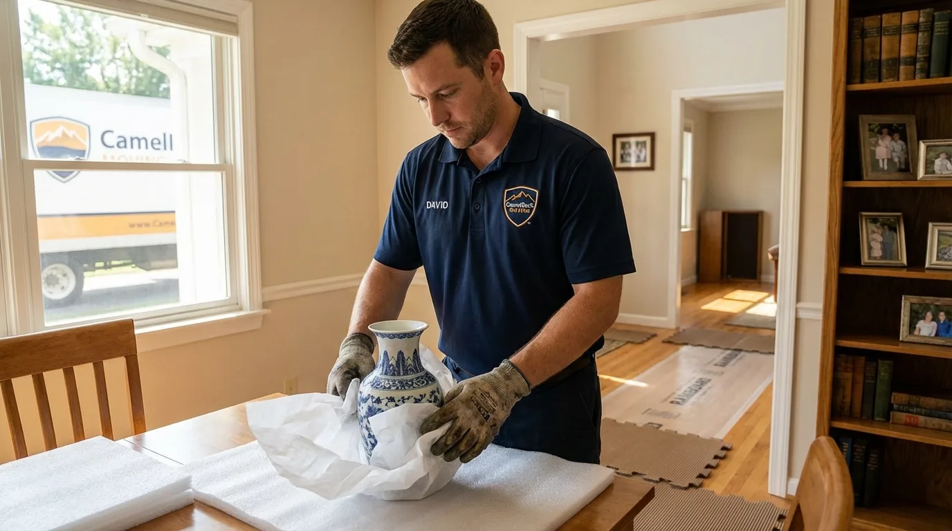 Professional crew carefully wrapping antique vase for senior downsizing move in Richmond Hill, NY